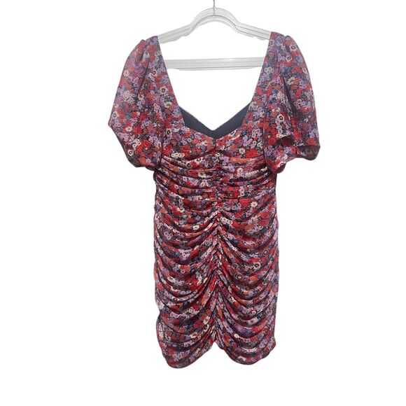 ZARA Vibrant Floral Print Ruched Puff-Sleeve Mini Dress Lined Size XL - Picture 2 of 4